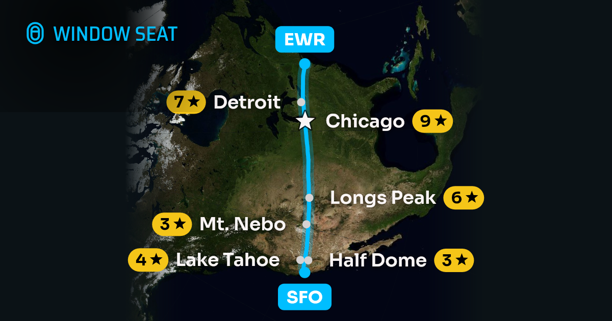 Map of the San Francisco to Newark flight path with its landmarks on each side