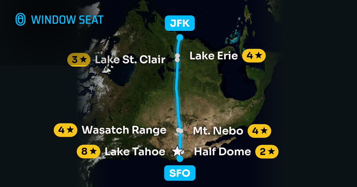 Map of the San Francisco to New York flight path with its landmarks on each side