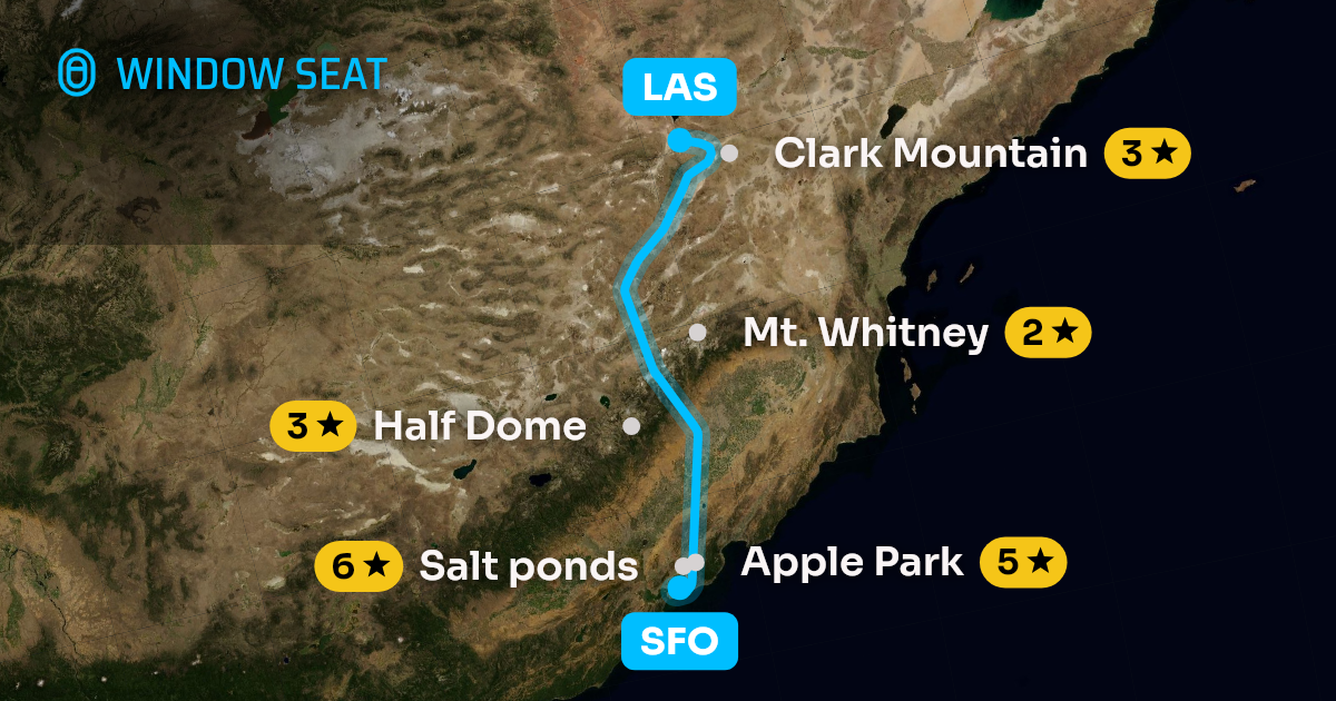 Map of the San Francisco to Las Vegas flight path with its landmarks on each side