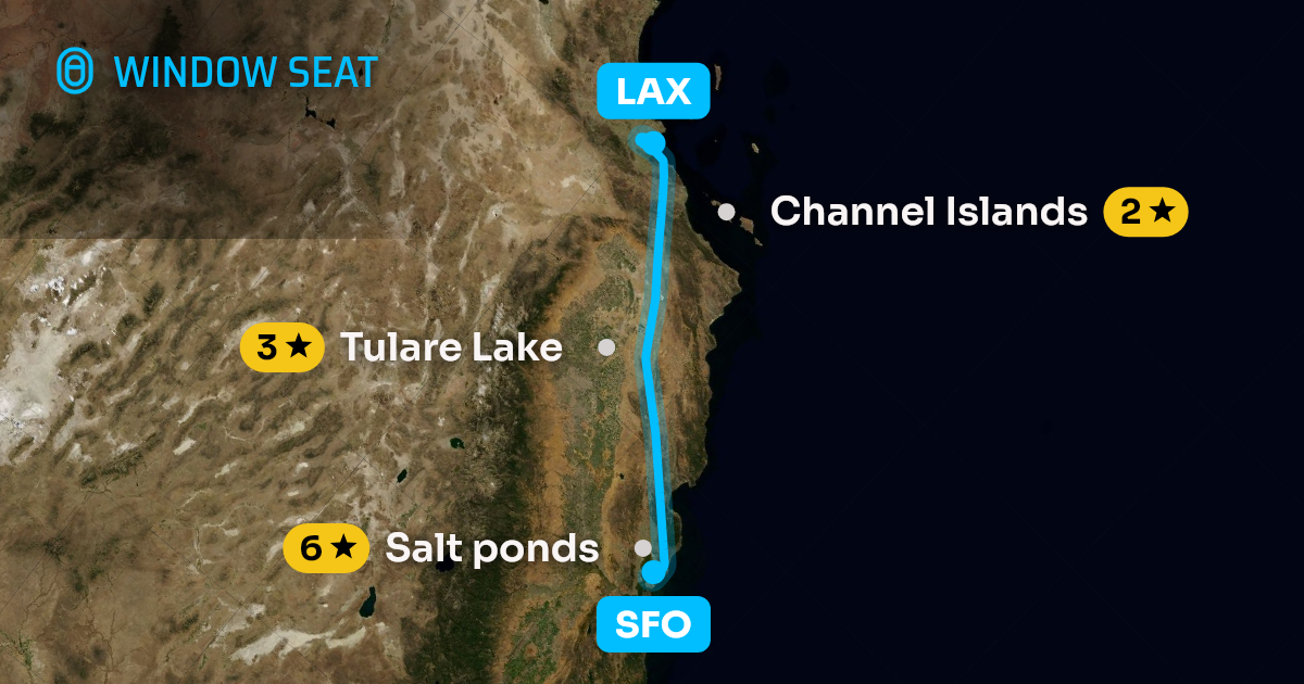 Map of the San Francisco to Los Angeles flight path with its landmarks on each side