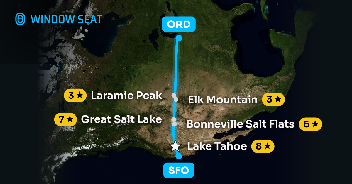 Map of the San Francisco to Chicago flight path with its landmarks on each side