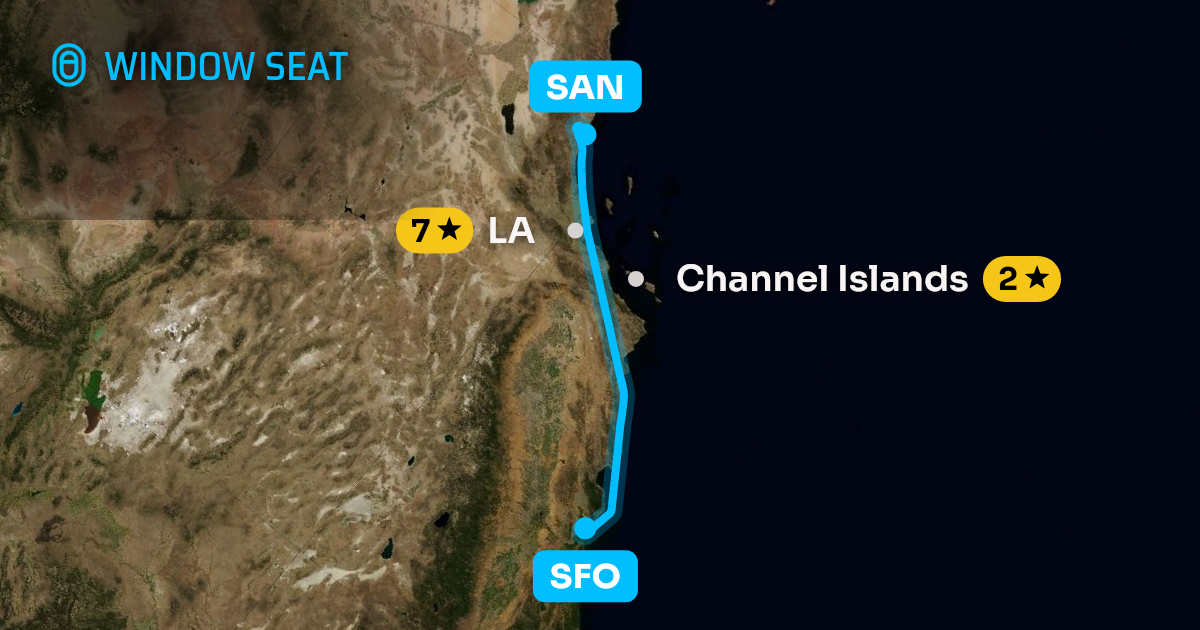 Map of the San Francisco to San Diego flight path with its landmarks on each side