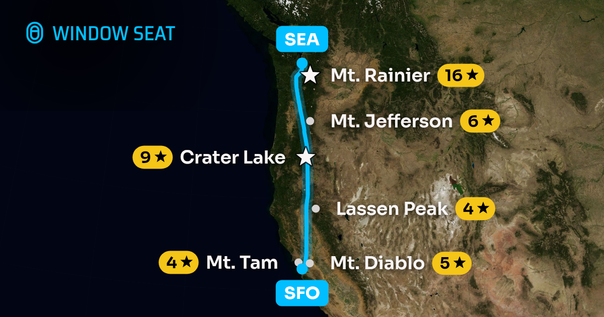 Map of the San Francisco to Seattle flight path with its landmarks on each side