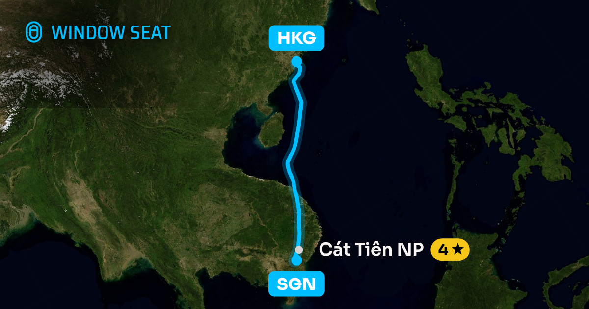 Map of the Ho Chi Minh City to Hong Kong flight path with its landmarks on each side