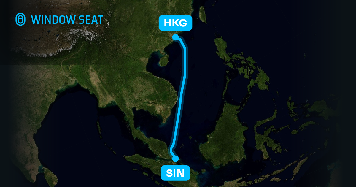 Map of the Singapore to Hong Kong flight path with its landmarks on each side