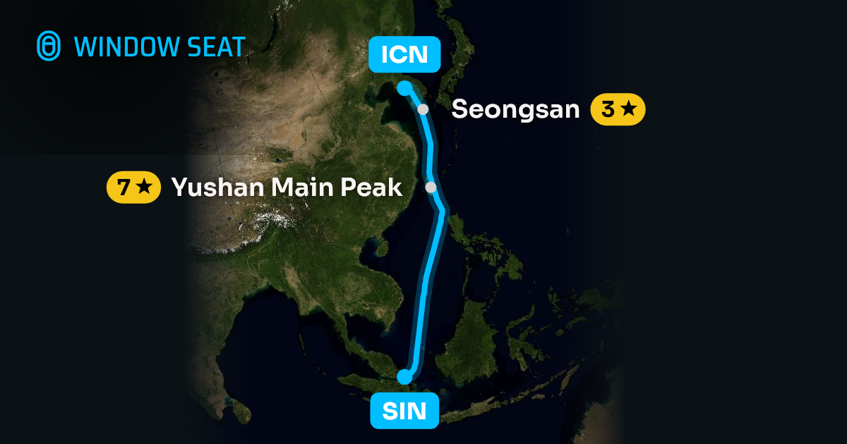 Map of the Singapore to Seoul flight path with its landmarks on each side