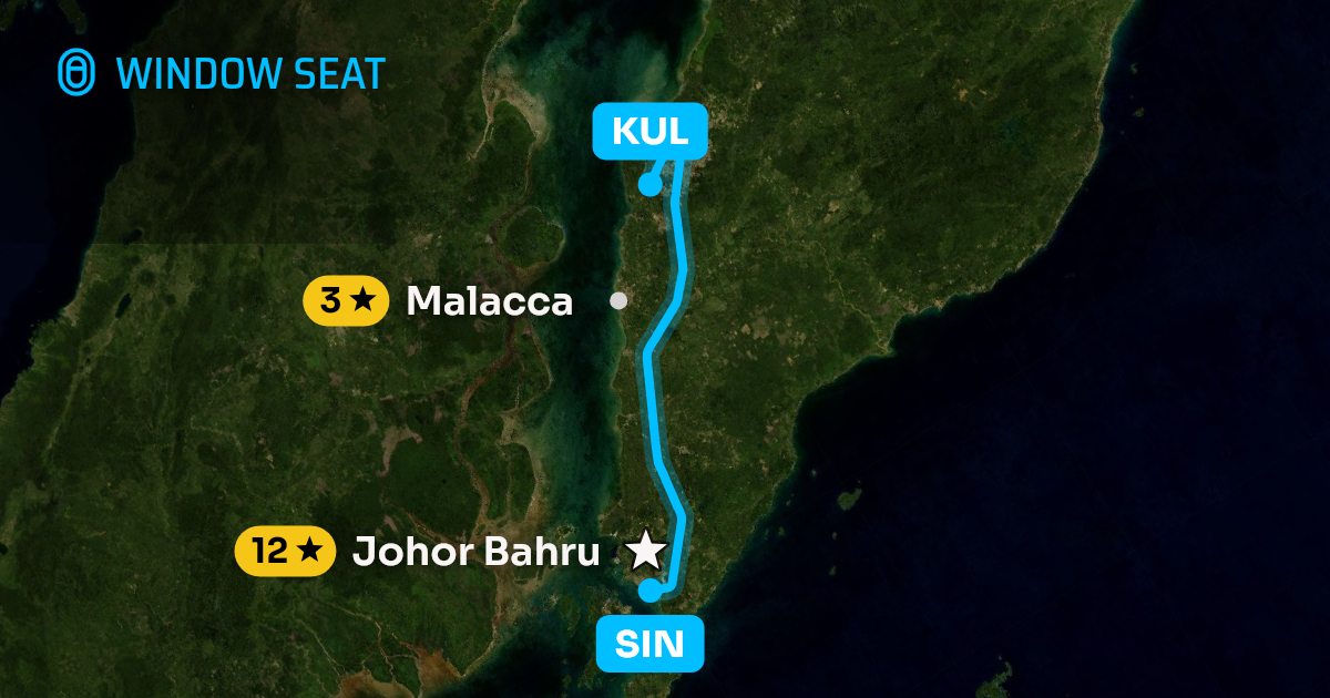 Map of the Singapore to Kuala Lumpur flight path with its landmarks on each side