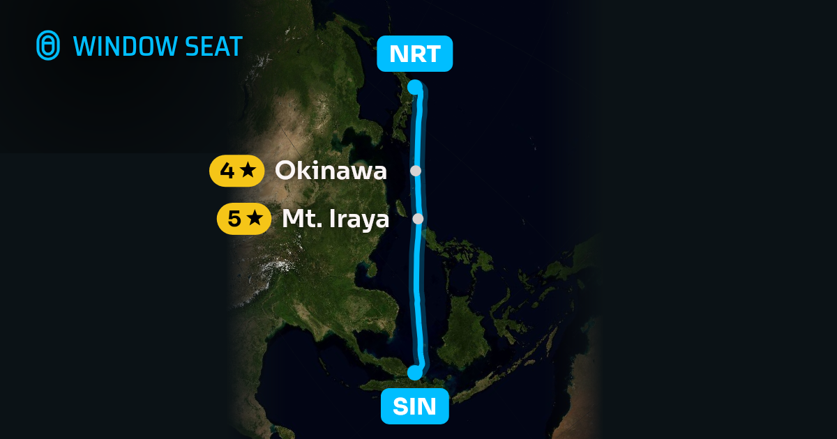 Map of the Singapore to Tokyo flight path with its landmarks on each side