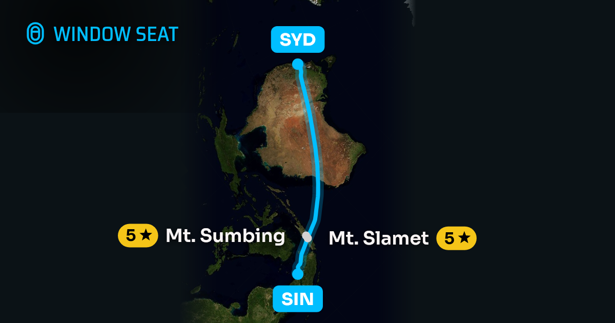 Map of the Singapore to Sydney flight path with its landmarks on each side