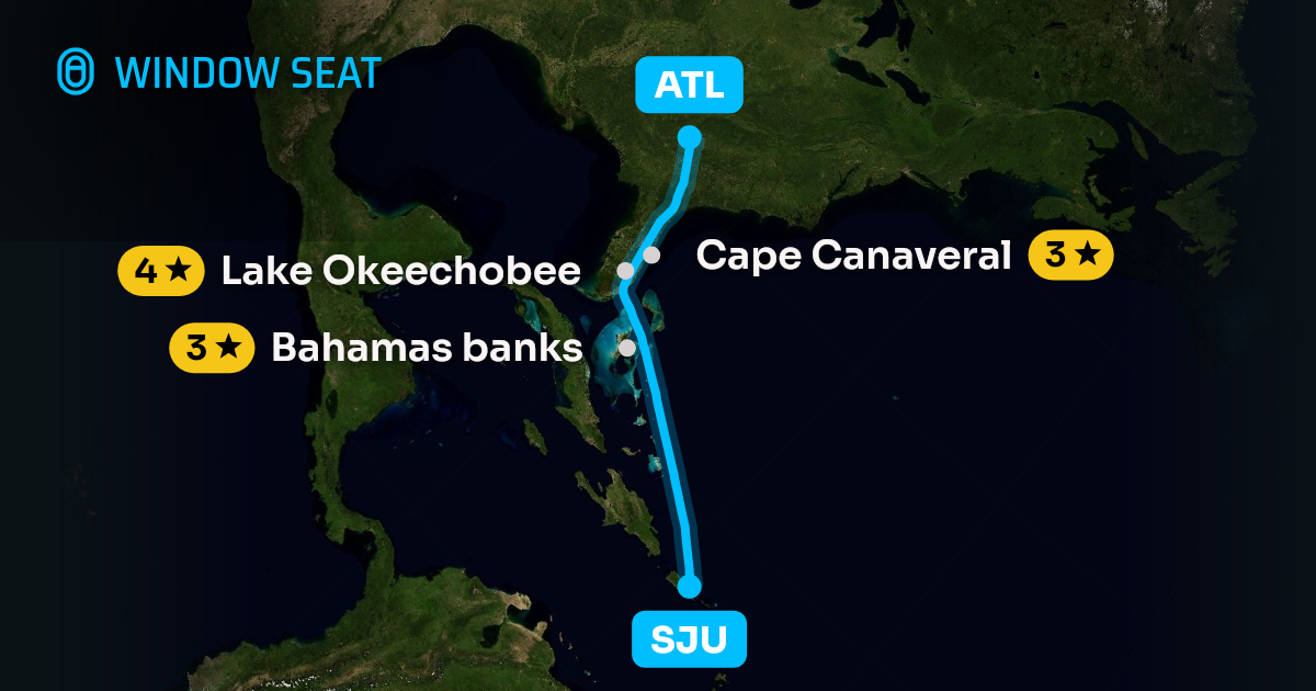 Map of the San Juan to Atlanta flight path with its landmarks on each side