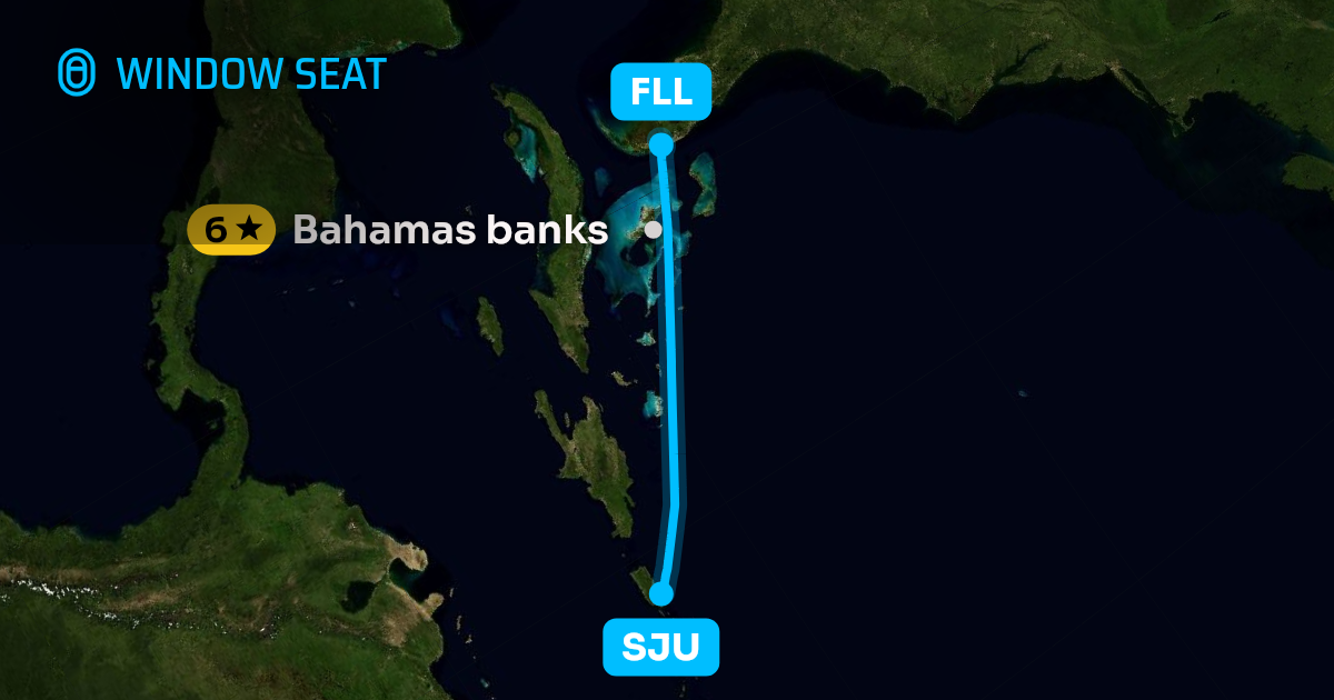 Map of the San Juan to Fort Lauderdale flight path with its landmarks on each side