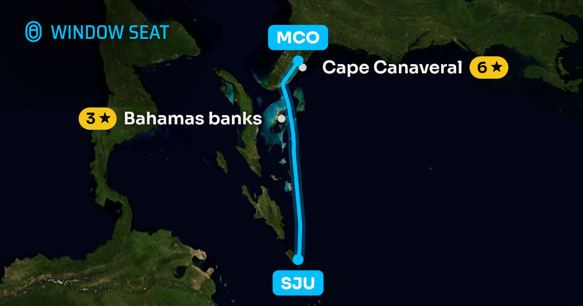 Map of the San Juan to Orlando flight path with its landmarks on each side