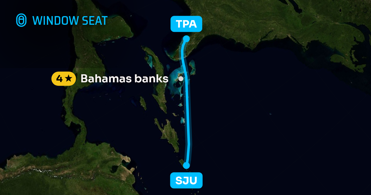 Map of the San Juan to Tampa flight path with its landmarks on each side