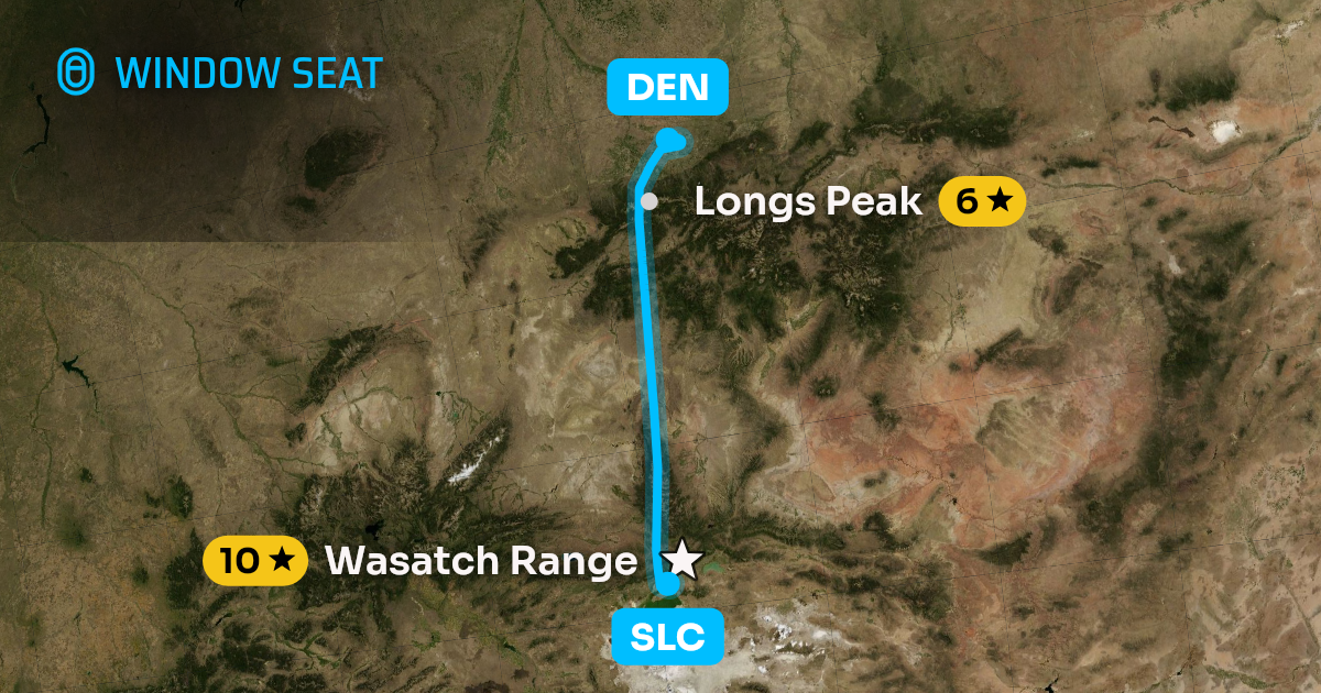 Map of the Salt Lake City to Denver flight path with its landmarks on each side