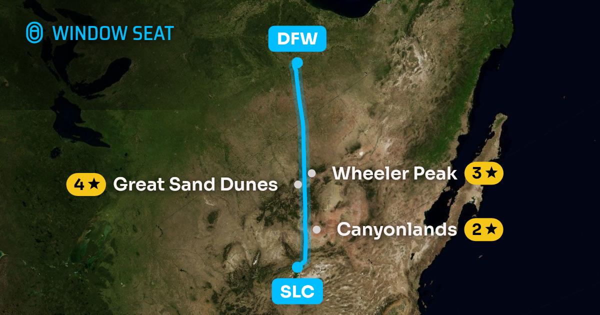 Map of the Salt Lake City to Dallas-Fort Worth flight path with its landmarks on each side