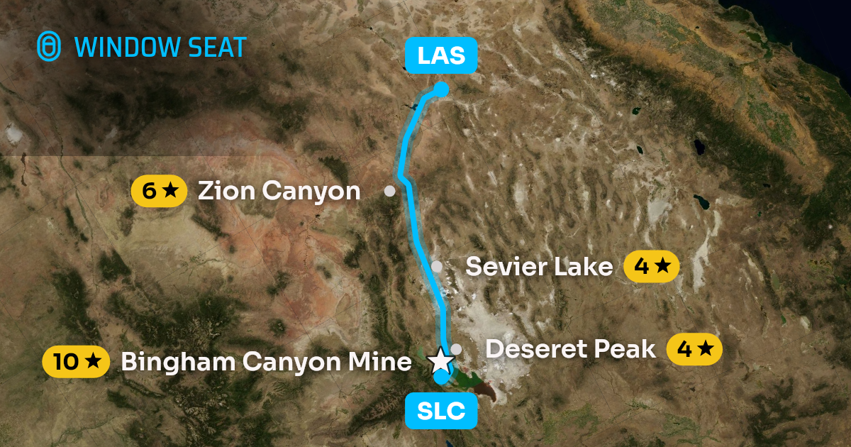 Map of the Salt Lake City to Las Vegas flight path with its landmarks on each side