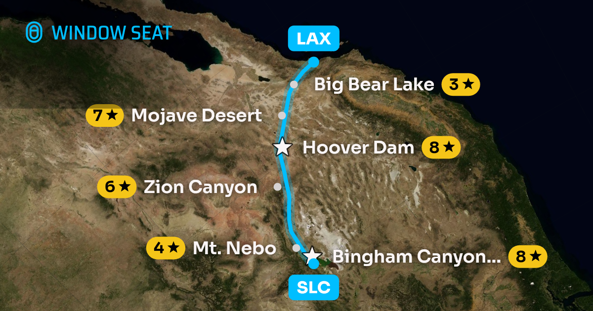 Map of the Salt Lake City to Los Angeles flight path with its landmarks on each side