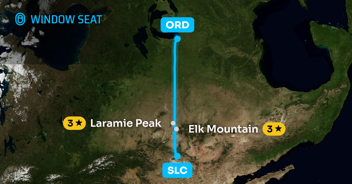 Map of the Salt Lake City to Chicago flight path with its landmarks on each side