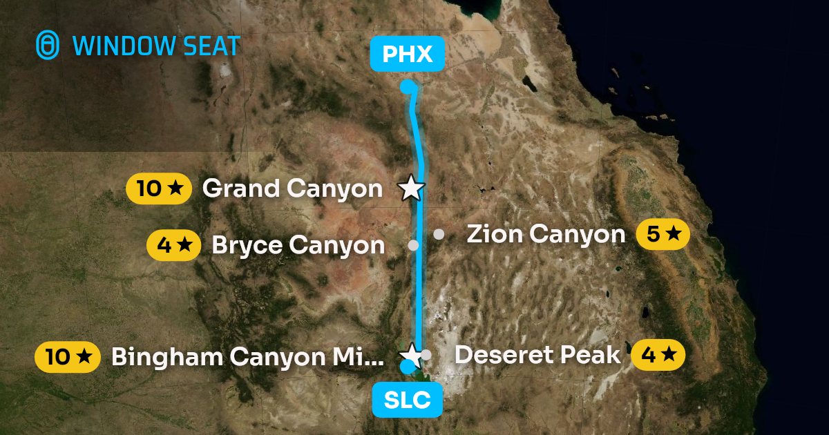 Map of the Salt Lake City to Phoenix flight path with its landmarks on each side