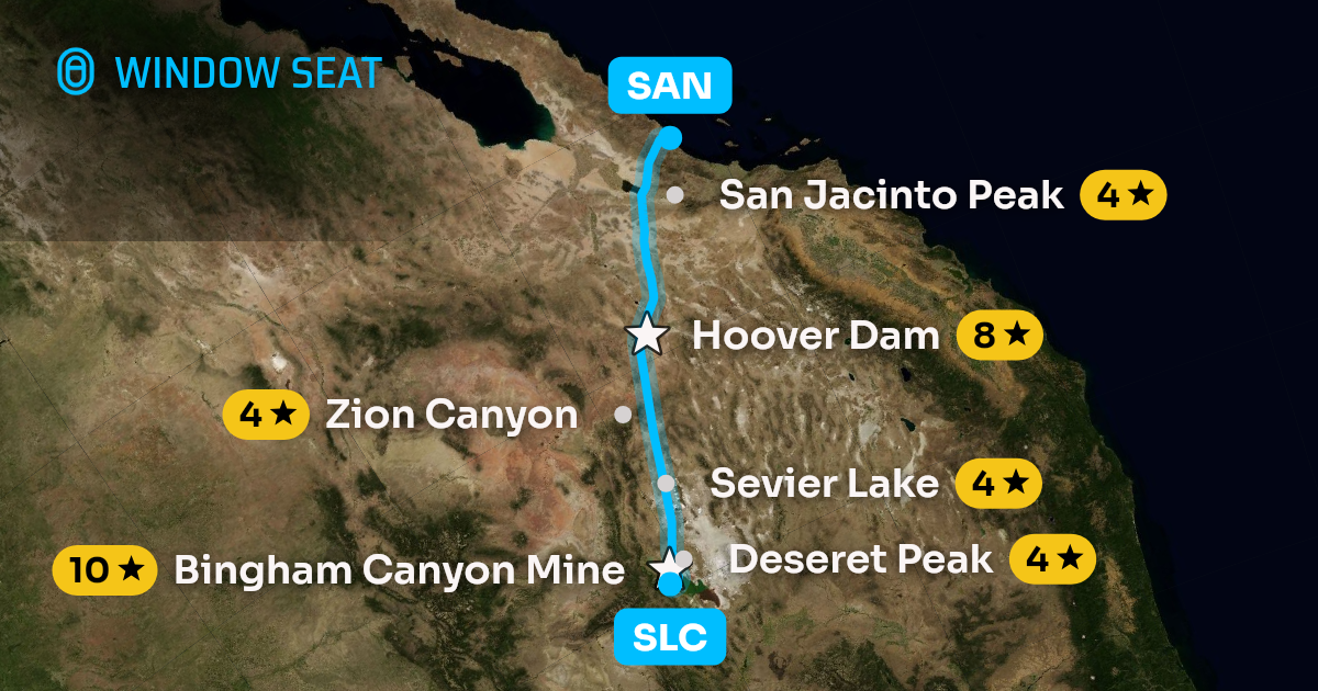 Map of the Salt Lake City to San Diego flight path with its landmarks on each side