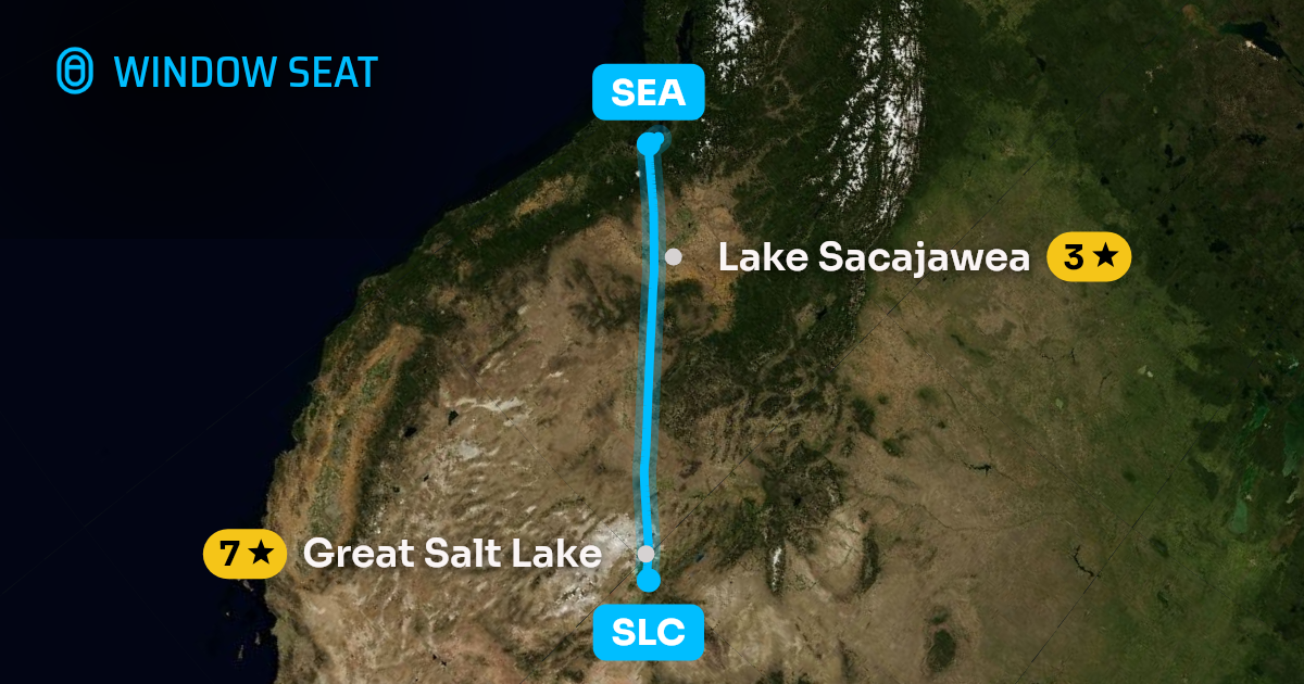 Map of the Salt Lake City to Seattle flight path with its landmarks on each side