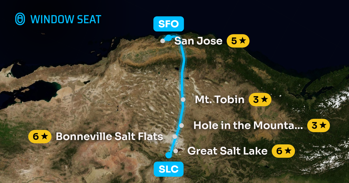 Map of the Salt Lake City to San Francisco flight path with its landmarks on each side