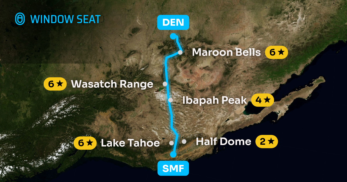 Map of the Sacramento to Denver flight path with its landmarks on each side