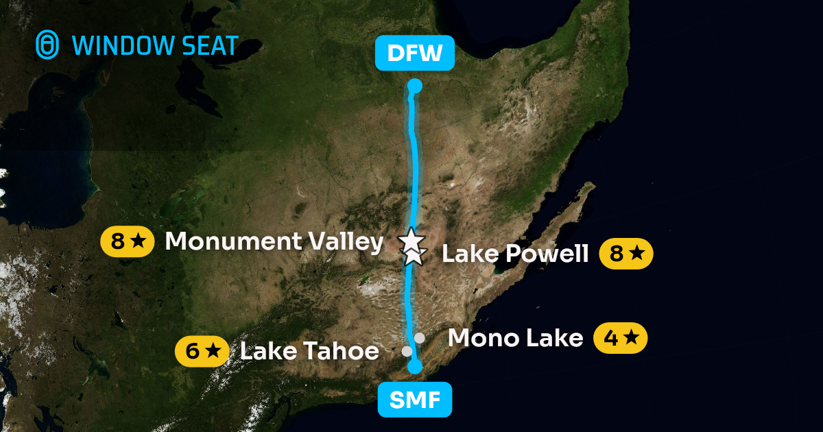 Map of the Sacramento to Dallas-Fort Worth flight path with its landmarks on each side