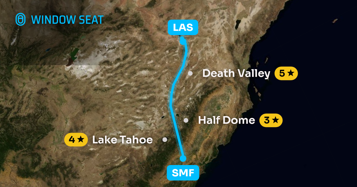 Map of the Sacramento to Las Vegas flight path with its landmarks on each side