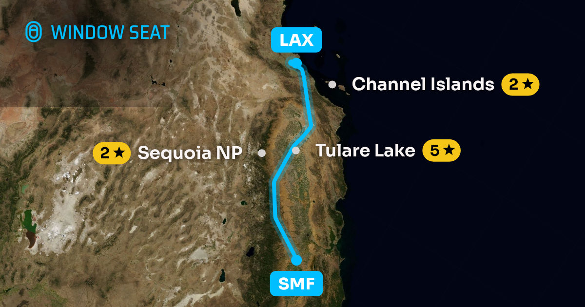 Map of the Sacramento to Los Angeles flight path with its landmarks on each side