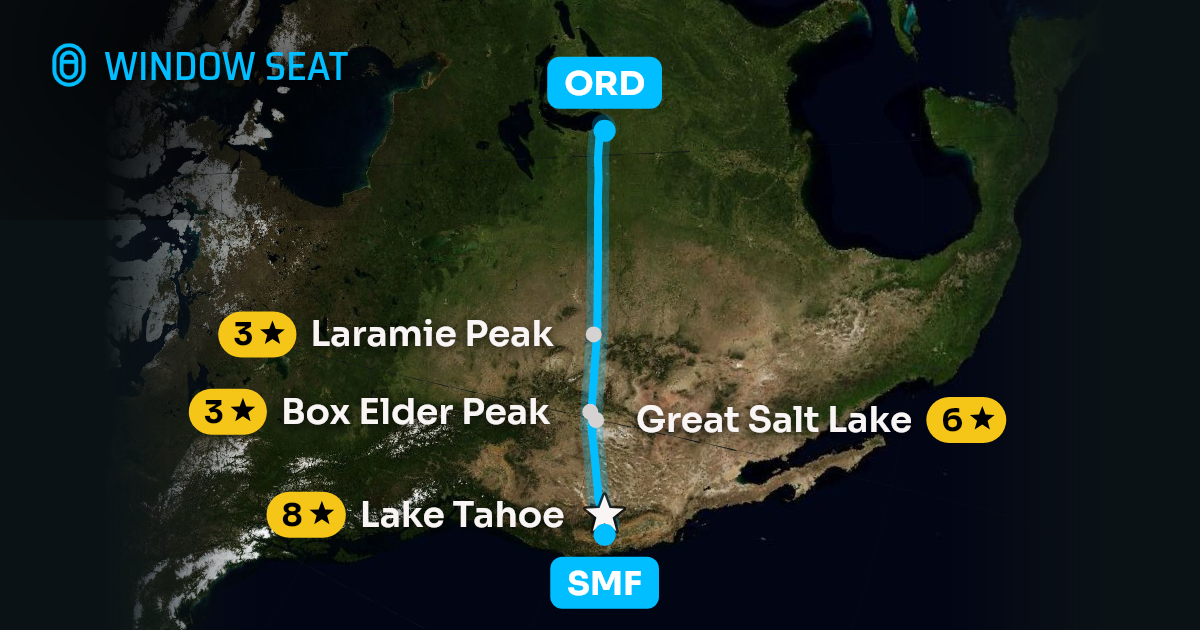 Map of the Sacramento to Chicago flight path with its landmarks on each side