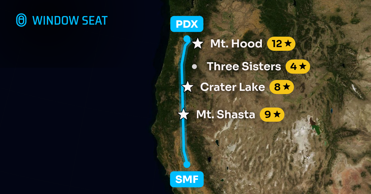 Map of the Sacramento to Portland flight path with its landmarks on each side