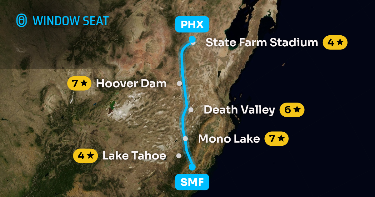 Map of the Sacramento to Phoenix flight path with its landmarks on each side