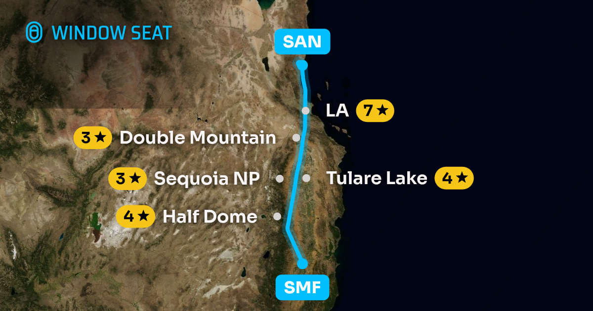 Map of the Sacramento to San Diego flight path with its landmarks on each side