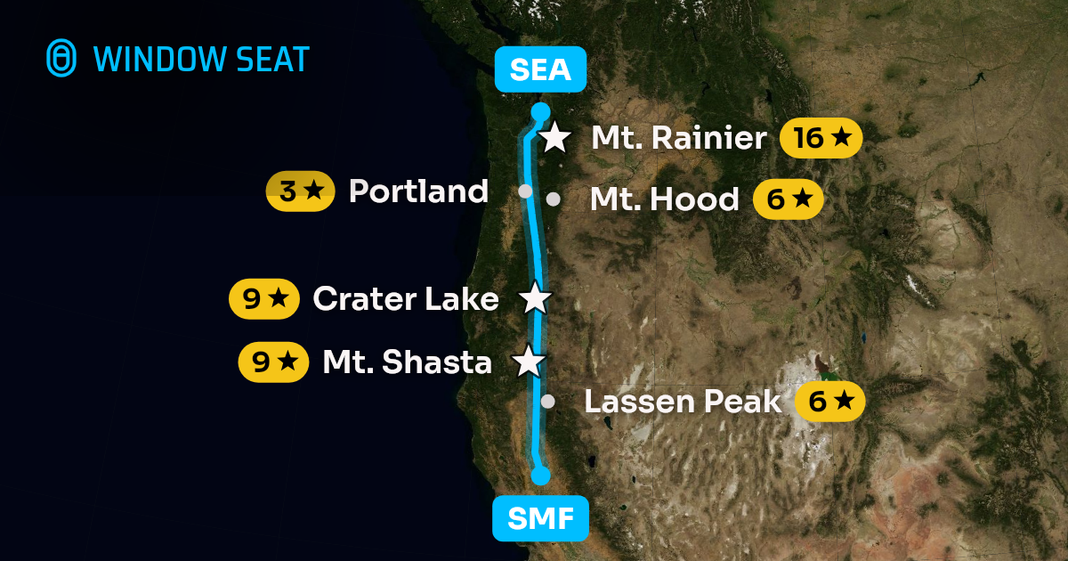 Map of the Sacramento to Seattle flight path with its landmarks on each side
