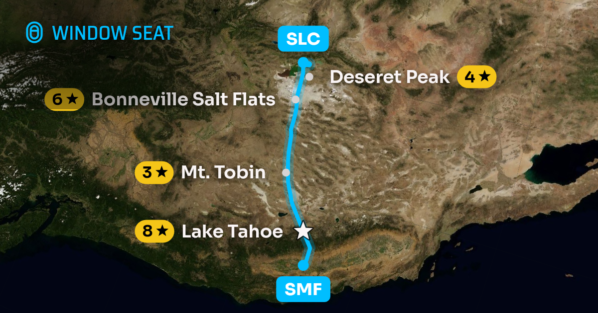 Map of the Sacramento to Salt Lake City flight path with its landmarks on each side
