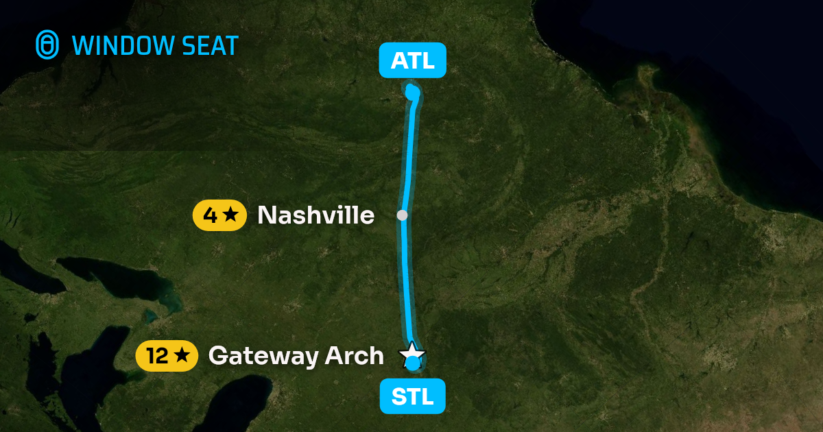 Map of the St. Louis to Atlanta flight path with its landmarks on each side