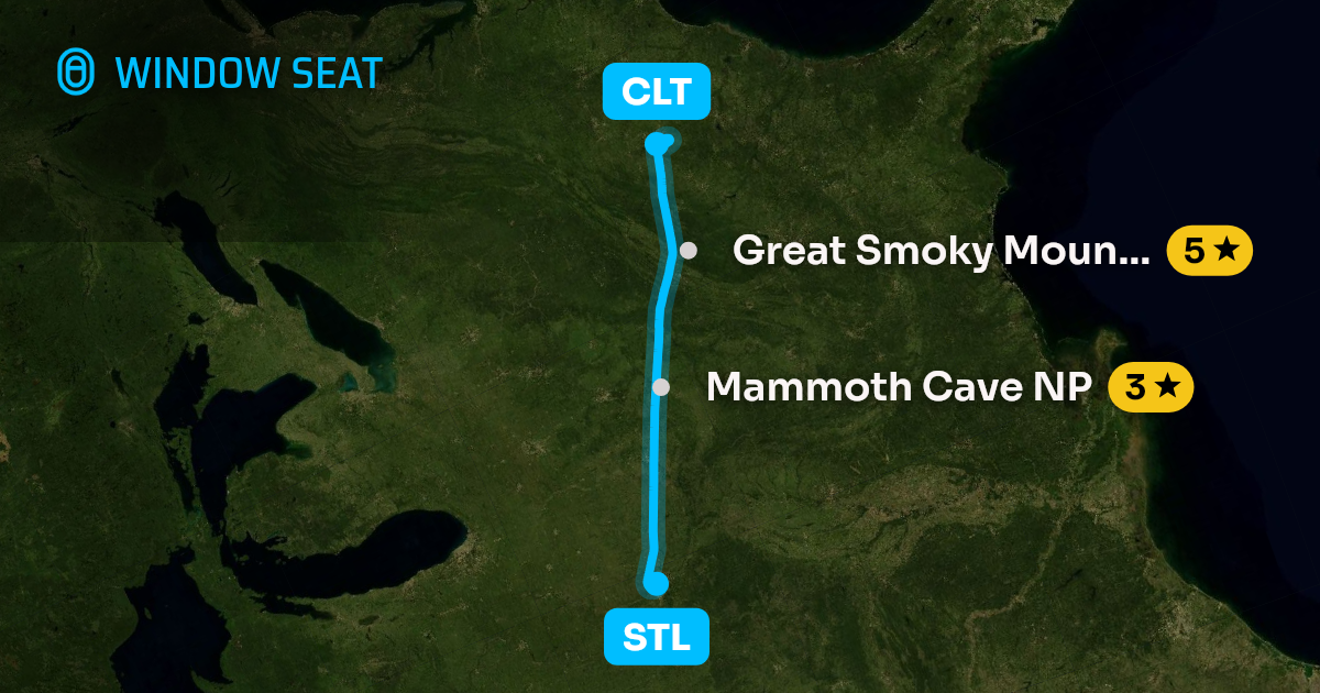 Map of the St. Louis to Charlotte flight path with its landmarks on each side