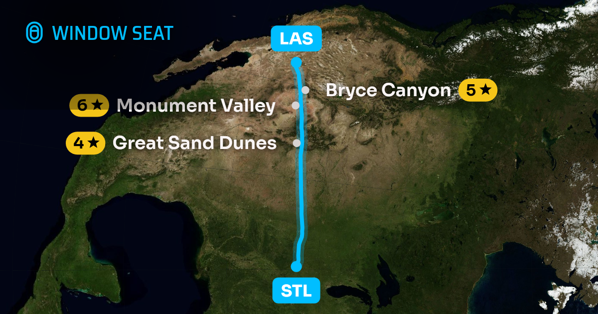 Map of the St. Louis to Las Vegas flight path with its landmarks on each side