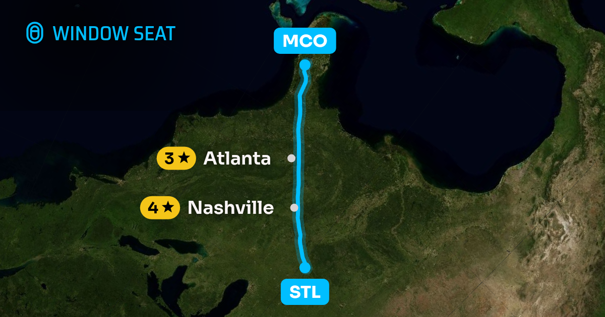 Map of the St. Louis to Orlando flight path with its landmarks on each side