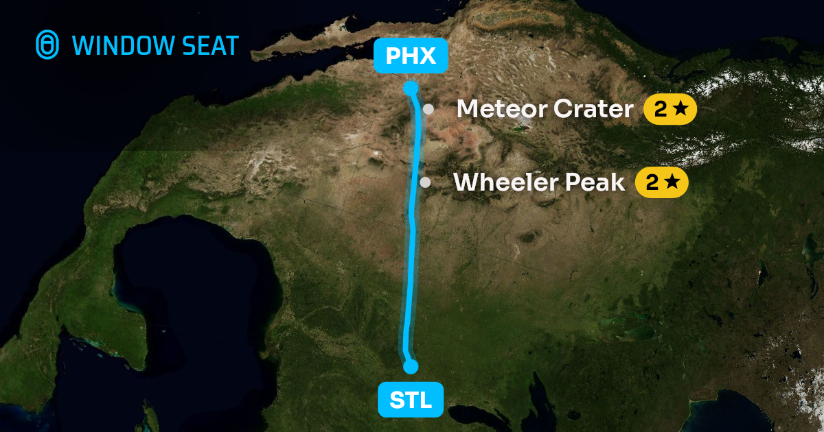 Map of the St. Louis to Phoenix flight path with its landmarks on each side