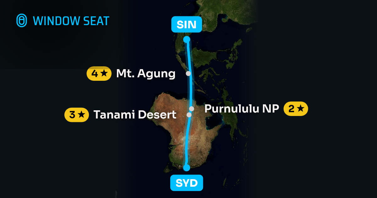 Map of the Sydney to Singapore flight path with its landmarks on each side