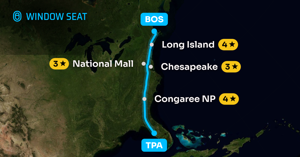 Map of the Tampa to Boston flight path with its landmarks on each side