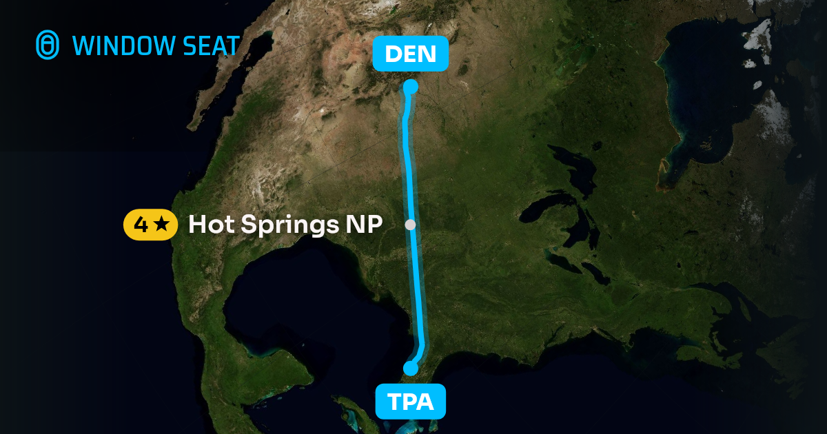 Map of the Tampa to Denver flight path with its landmarks on each side