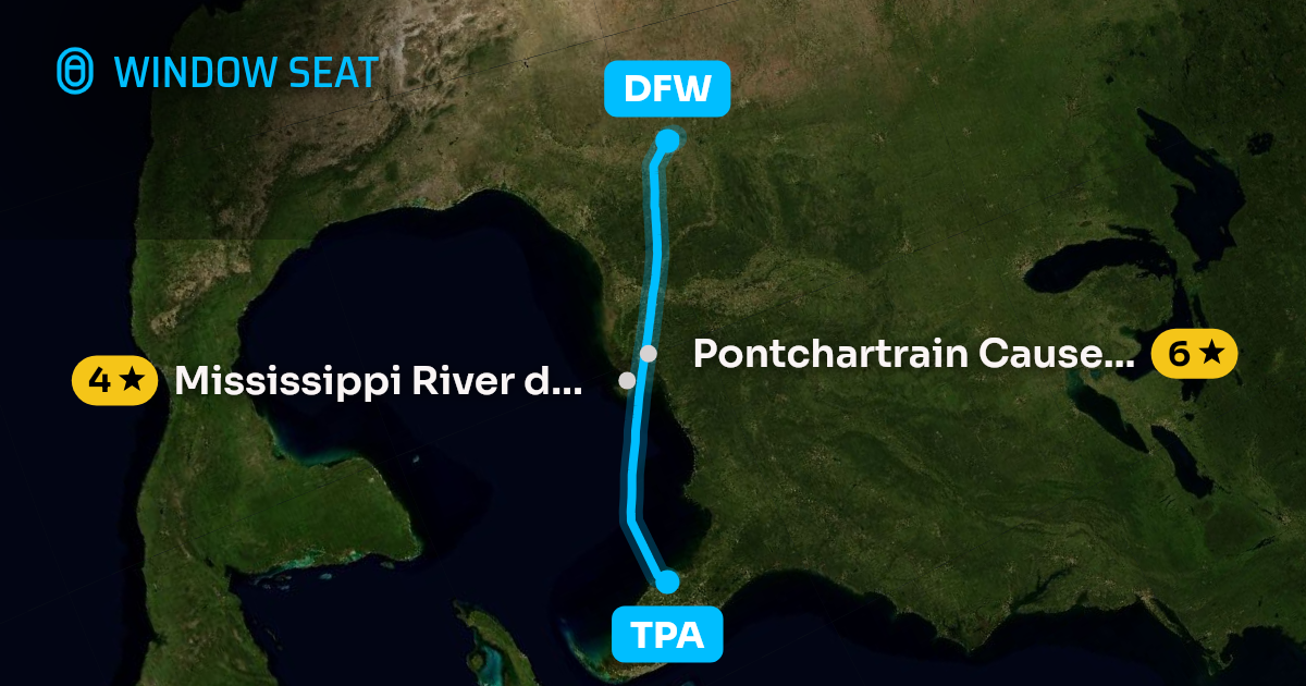 Map of the Tampa to Dallas-Fort Worth flight path with its landmarks on each side