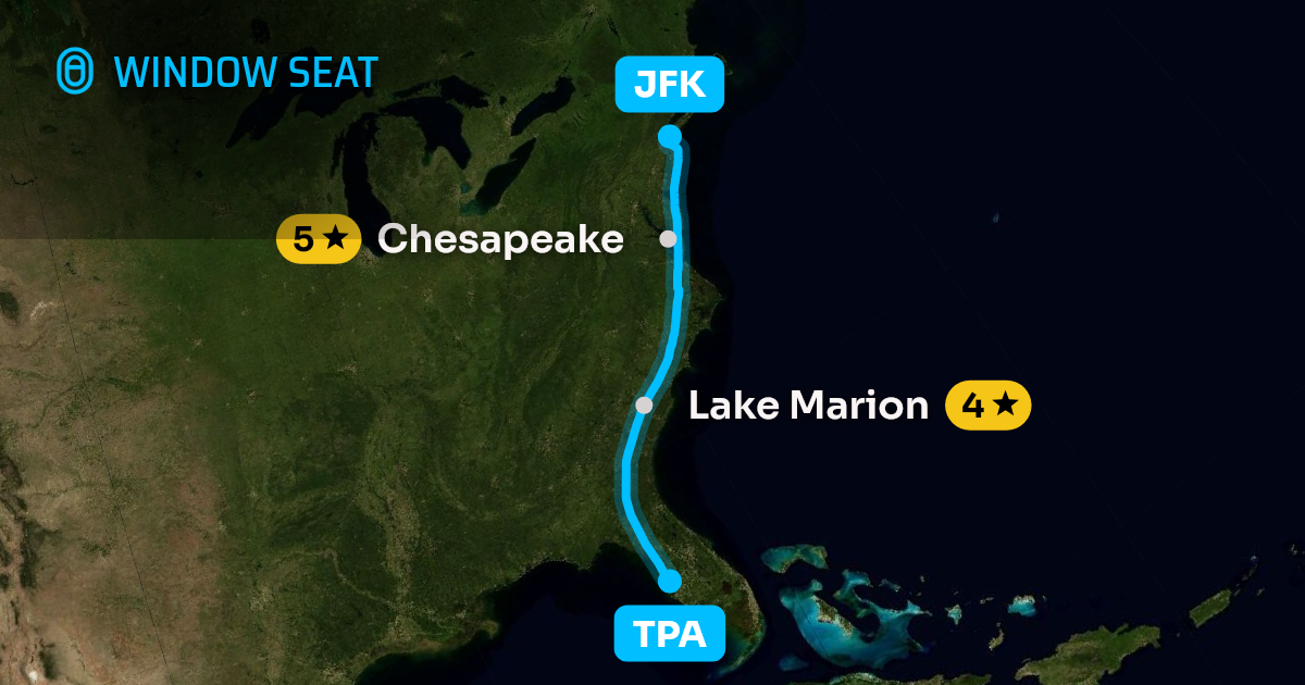 Map of the Tampa to New York flight path with its landmarks on each side