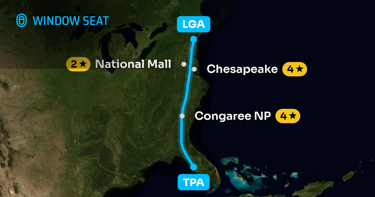 Map of the Tampa to New York flight path with its landmarks on each side