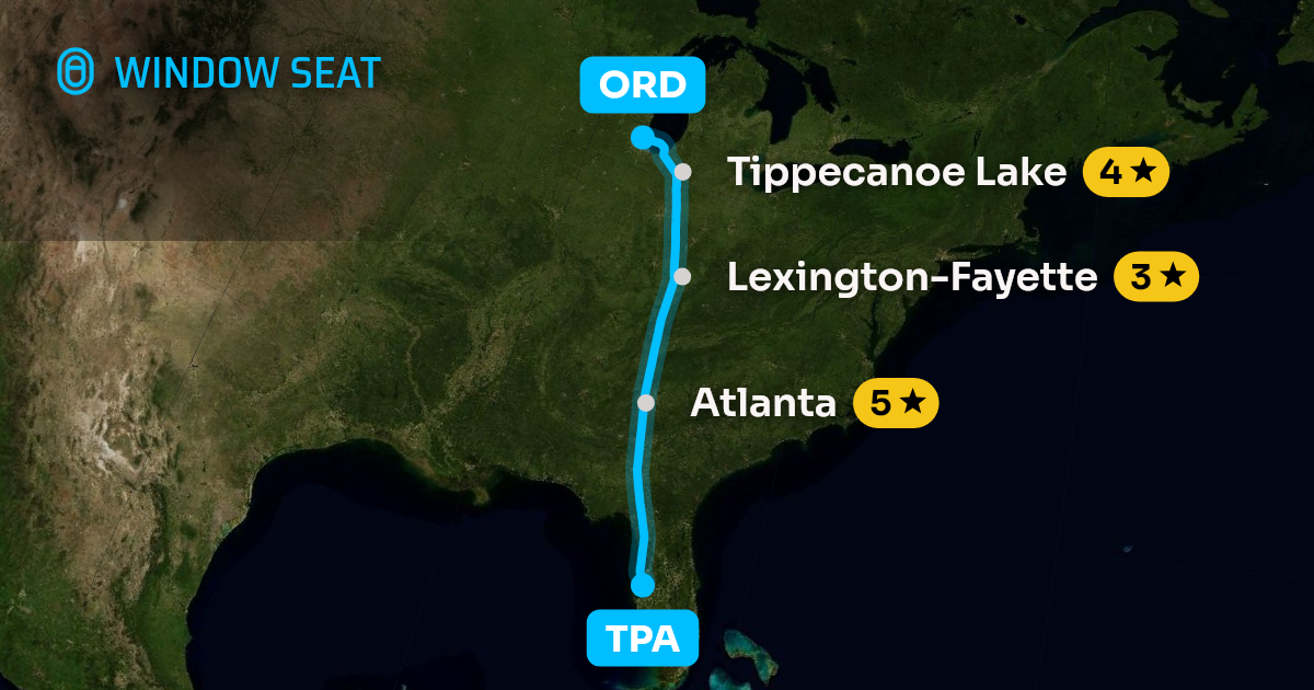 Map of the Tampa to Chicago flight path with its landmarks on each side