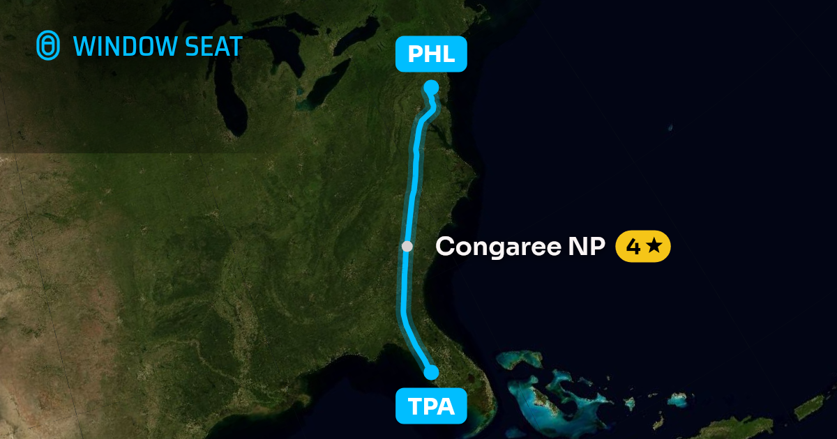 Map of the Tampa to Philadelphia flight path with its landmarks on each side