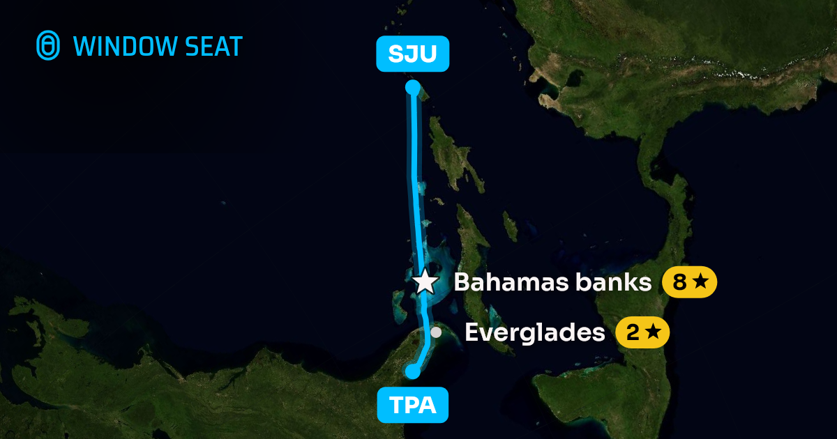 Map of the Tampa to San Juan flight path with its landmarks on each side